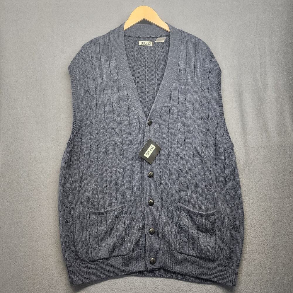 D'Avila Sweater Vest Mens 2X Blue V Neck Pockets Grandpa Preppy NEW